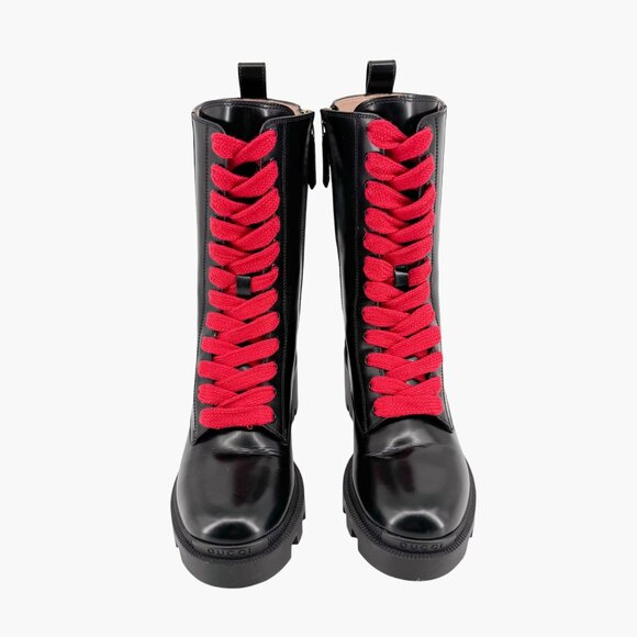 Gucci Magnum Lace Up Combat Boots EU 36.5 US 6.5 Black Web Stripe Block Heel - Picture 3 of 15
